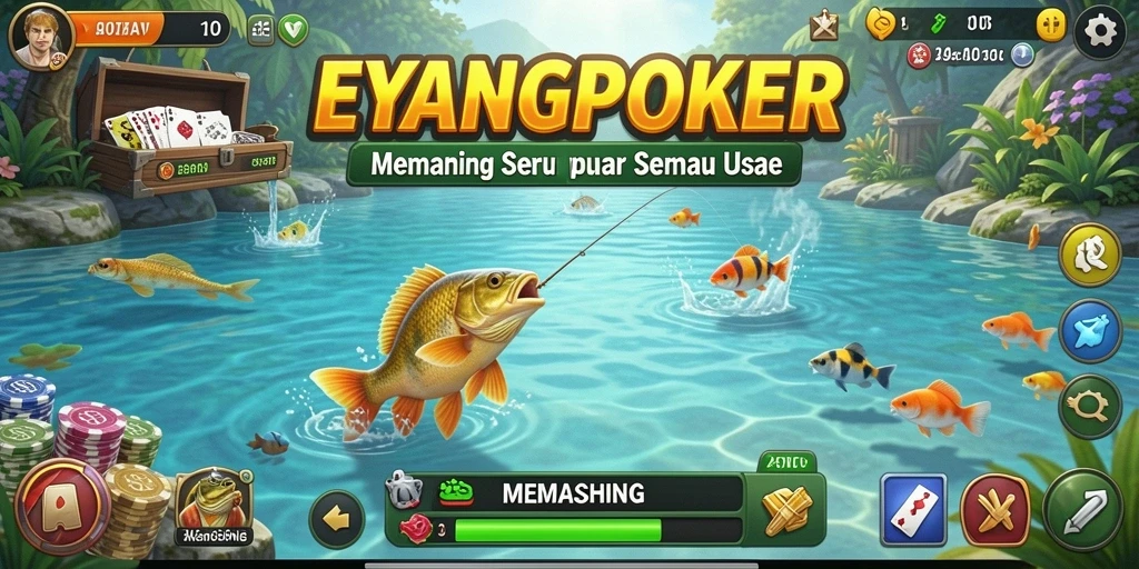 Tampilan antarmuka utama EYANGPOKER yang menampilkan lokasi dan ikan yang dapat ditangkap.